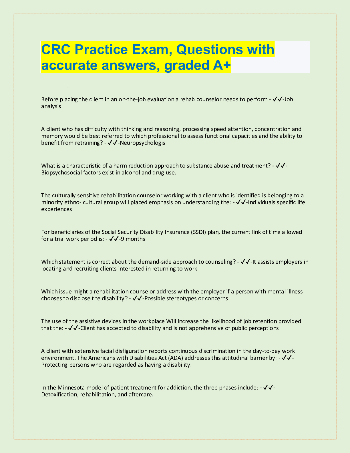Preview image for CRC Practice Exam, Questions with  accurate answers, graded A+